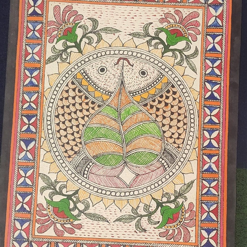 Handcrafted Madhubani Painting Two Fish and Pipal Leaf