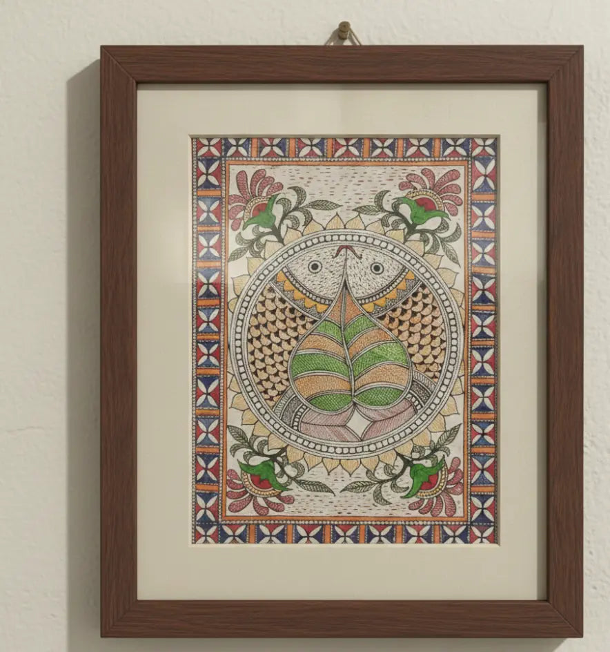 Handcrafted Madhubani Painting Two Fish and Pipal Leaf